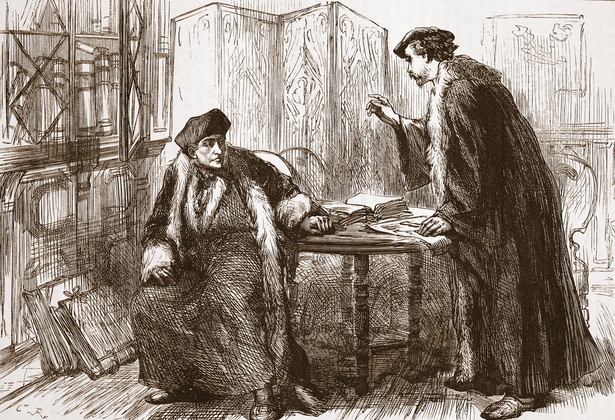 Interview mellem Erasmus og Calvin, illustration fra The History of Protestantism af James Aitken Wylie (1808-1890), pub. 1878 af English School
