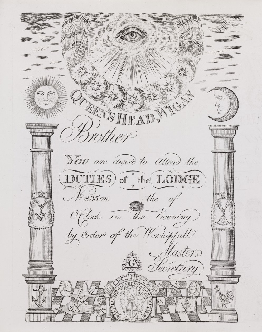Invitation til at deltage i et frimurerlogemøde i Wigan af English School