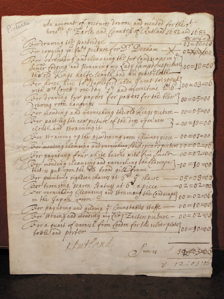 Faktura for rengøring af et portræt af William Shakespeare, ca. 1682 (blæk på papir) af English School