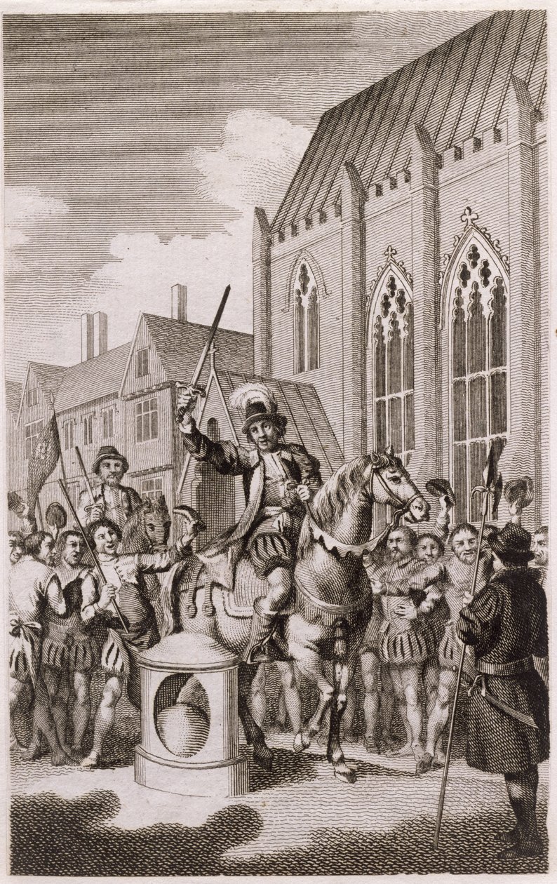 Jack Cades Rebellion i 1450: Cade erklærer sig selv Lord of the City of London ved London Stone, Cannon Street, ca. 1770 af English School