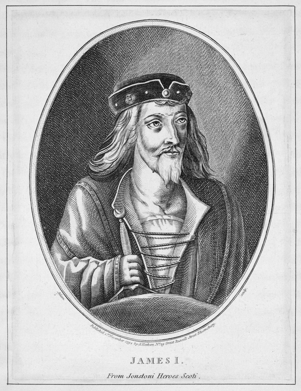 James I (1394-1437), konge af Skotland, fra Johnstones Scottish Heroes, indgraveret af Adam, udgivet 1794 af English School