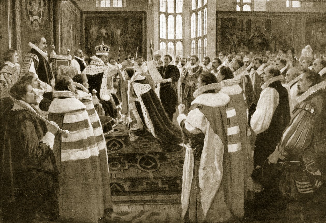 James I investerer sin søn Charles som prins af Wales, 1616, illustration fra Hutchinsons Story of the British Nation, ca. 1923 af English School