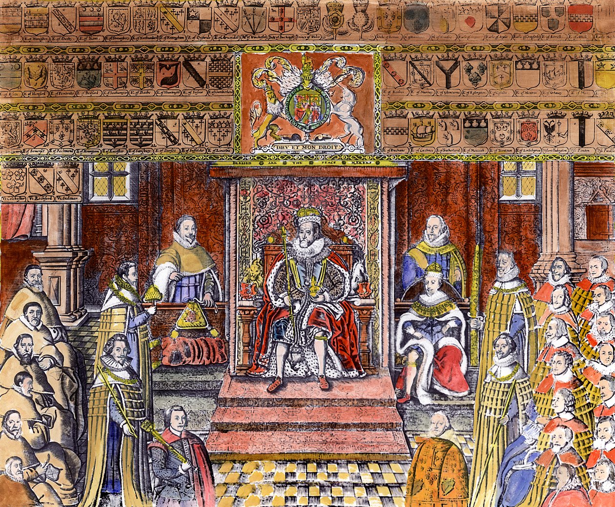 James I af England (1566-1625) ved Court, (gravering) (senere farvelægning) af English School