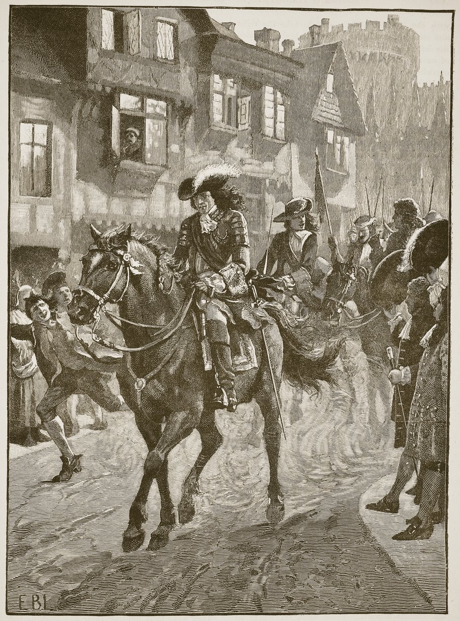 James kommer ind i Dublin efter slaget ved Boyne, illustration fra Cassells Illustrated History of England (sepia foto) af English School