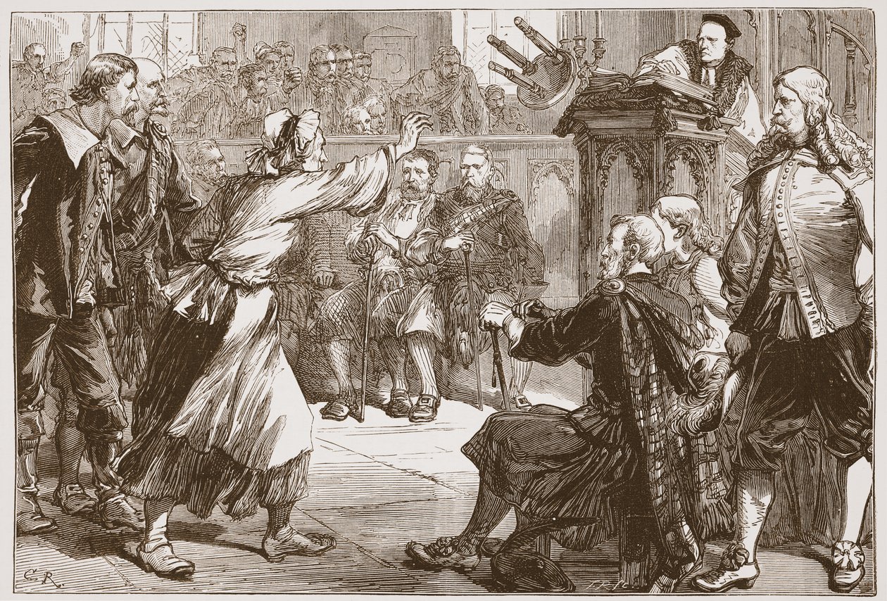 Janet Geddes kaster sin skammel mod dekanen i Edinburgh, illustration fra The History of Protestantism af James Aitken Wylie (1808-1890), pub. 1878 af English School