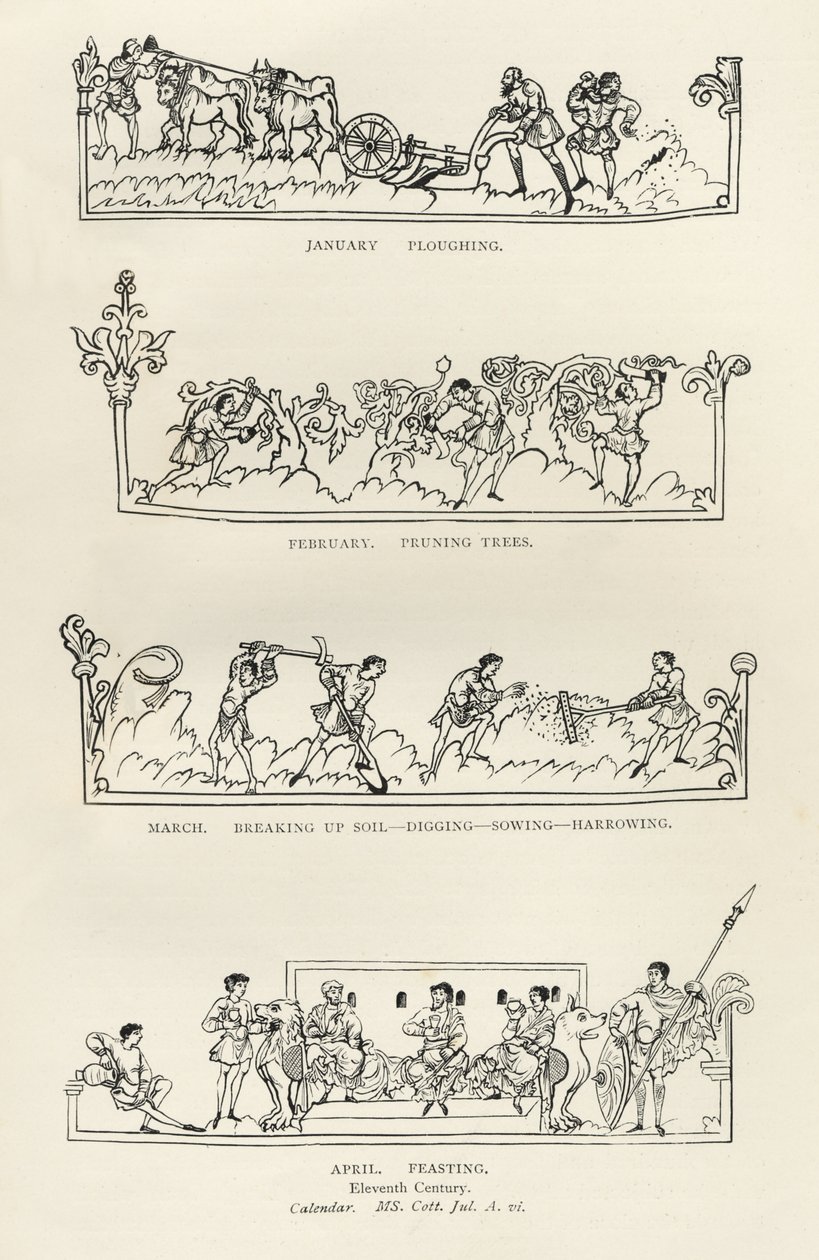 Januar, februar, marts og april, fra "The Julius Calendar and Hymnal", illustration fra "History of the English People af English School