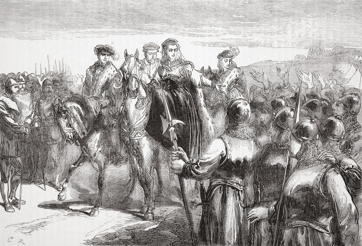 Jeanne DAlbret, dronning af Navarra, taler til huguenotsoldaterne, illustration fra The History of Protestantism af James Aitken Wylie (1808-1890), pub. 1878 af English School
