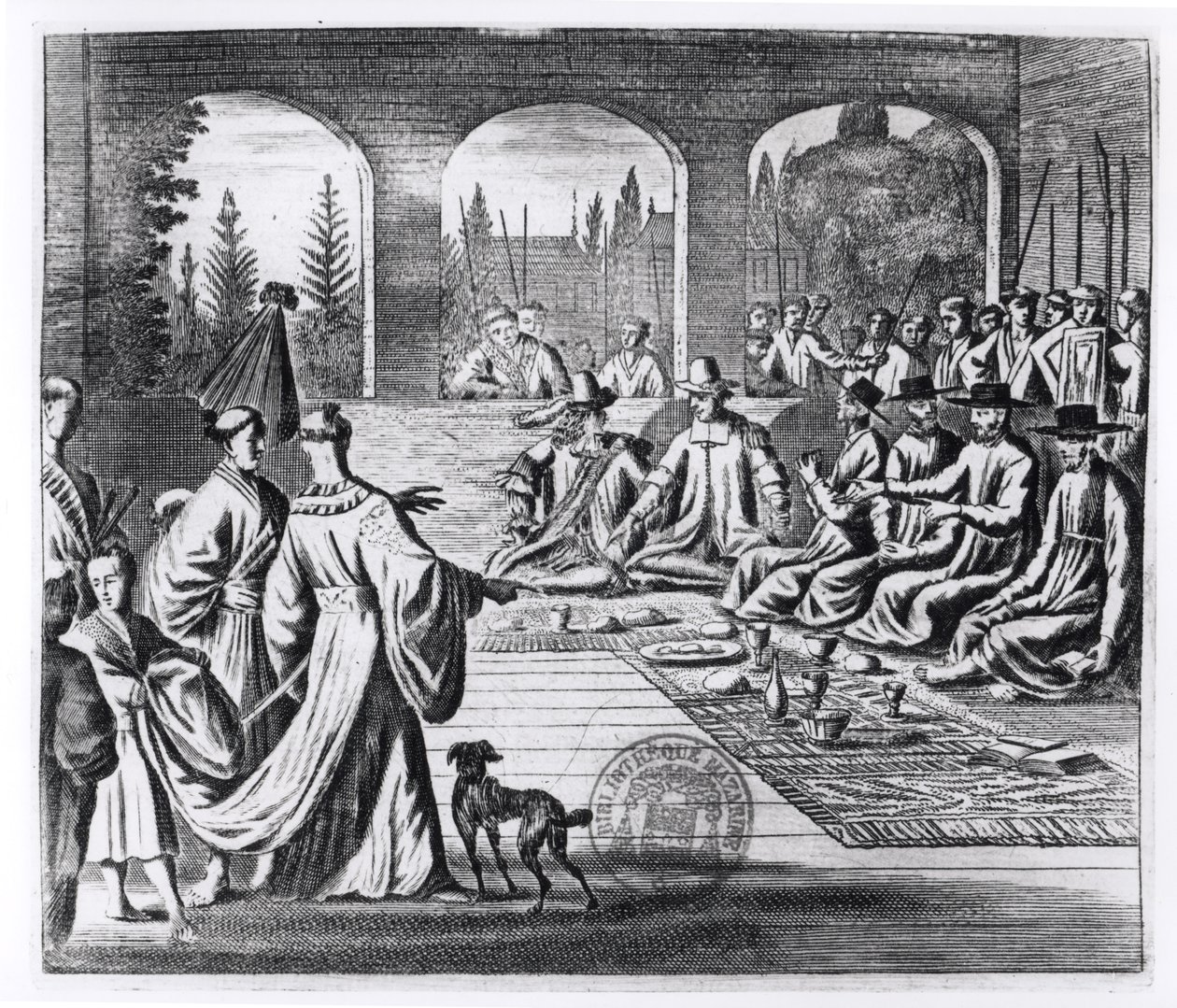 Jesuitter med hollandske og portugisiske købmænd ved den japanske kejsers hof, illustration fra En mindeværdig ambassade til kejseren af Japan af Arnold Montanus, udgivet i London 1670 af English School