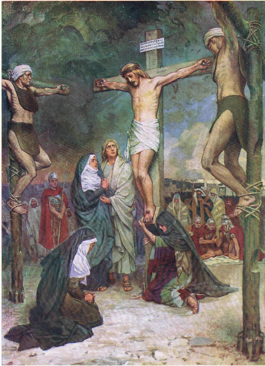 Jesus på korset, fra The Bible Picture Book udgivet af Thomas Nelson, ca. 1950 (farvelitografi) af English School