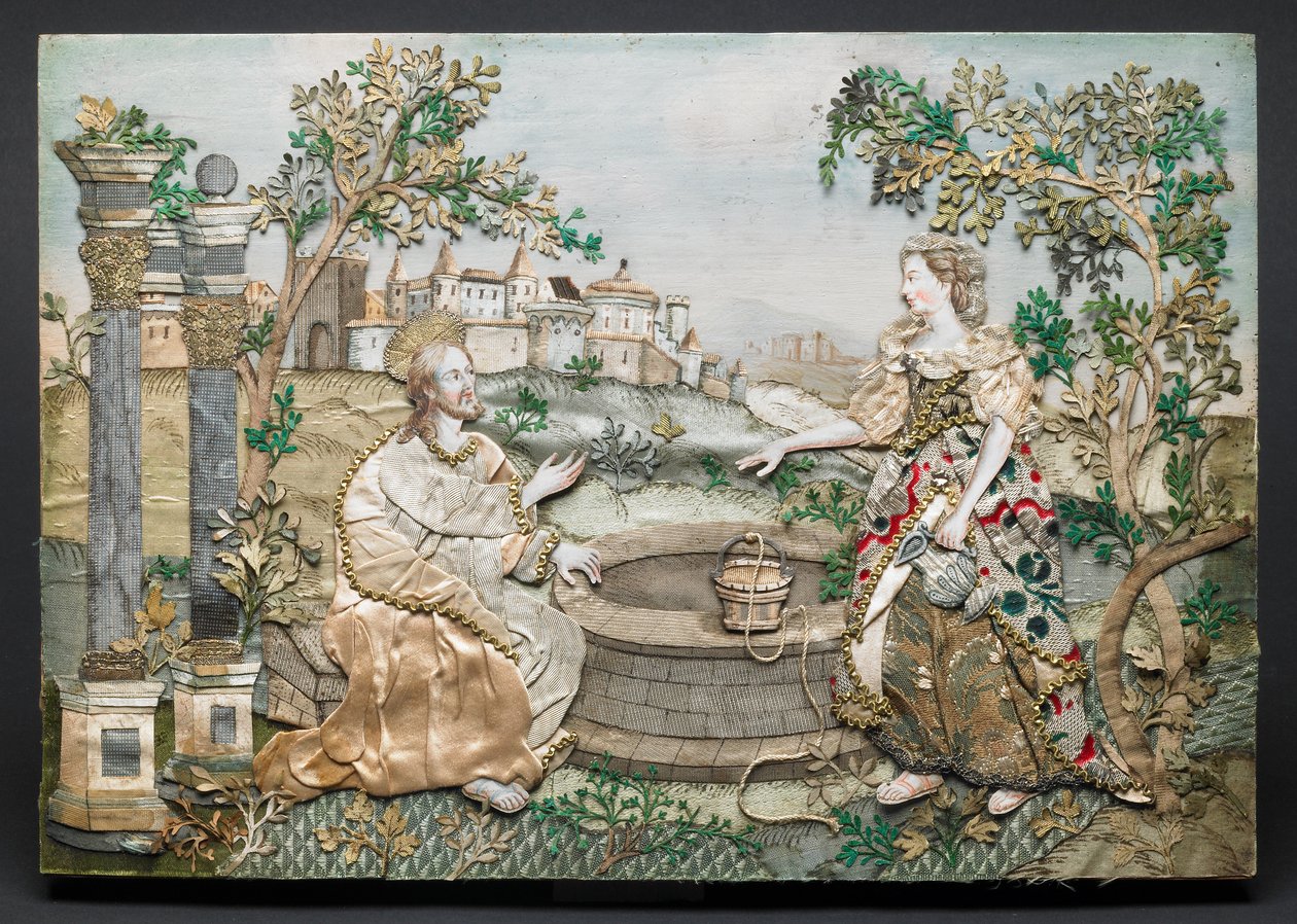 Jesus with the Woman of Samaria (silke, papir, garn, pailletter, metallisk pynt, blæk og akvarel på træ) af English School