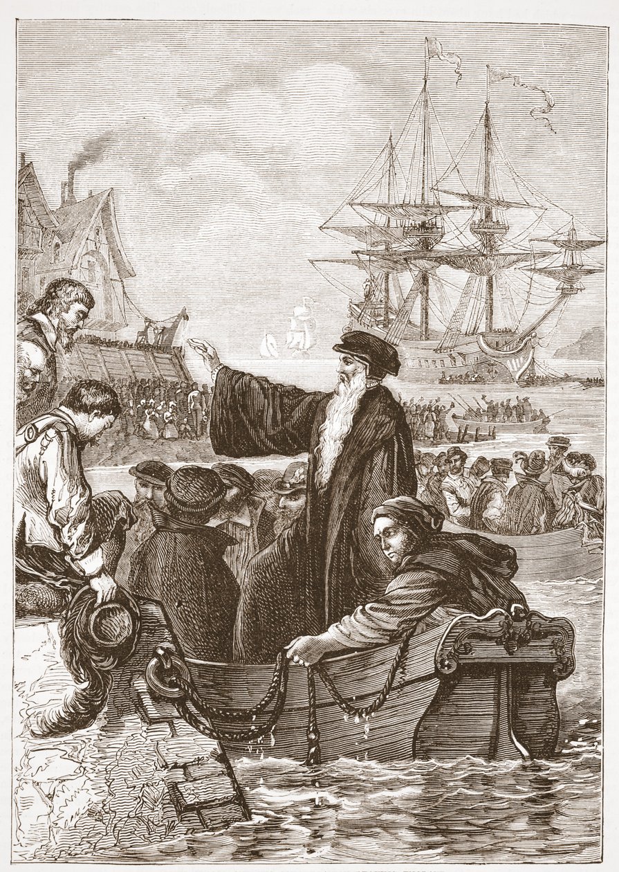 John Alasco og hans menighed forlader England, illustration fra The History of Protestantism af James Aitken Wylie (1808-1890), pub. 1878 af English School