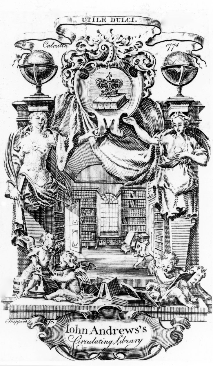 John Andrewss Circulating Library bogplade af Joseph Shepperd, udgivet i Calcutta, 1774 af English School