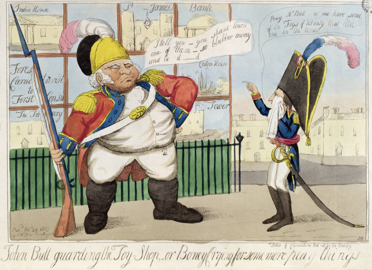 John Bull Guarding the Toy Shop, eller Boney Crying for Some More Play Things, pub. af S.W. Fores, 1803 (farvet radering) af English School