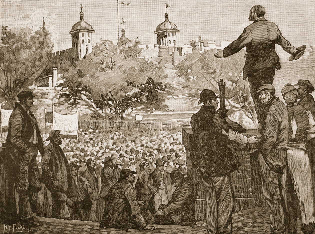 John Burns taler til et møde for havnearbejdere i Tower Hill, 1889, illustration fra Cassells Illustrated History of England (sepiafoto) af English School