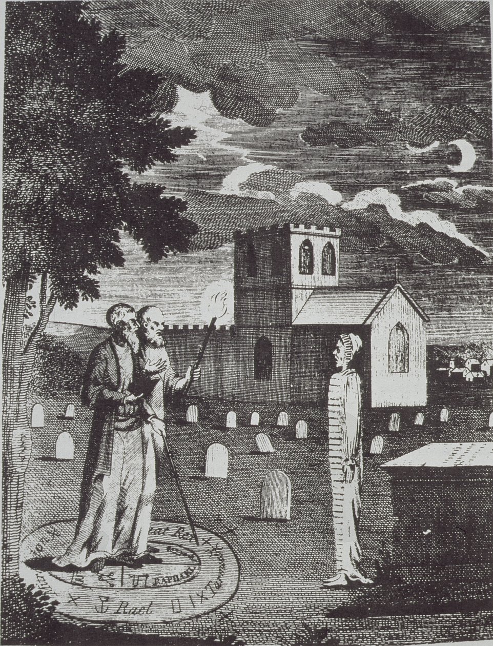 John Dee og Edward Kelly tilkalder de døde, fra a History of Magic, udgivet i slutningen af det 19. århundrede af English School