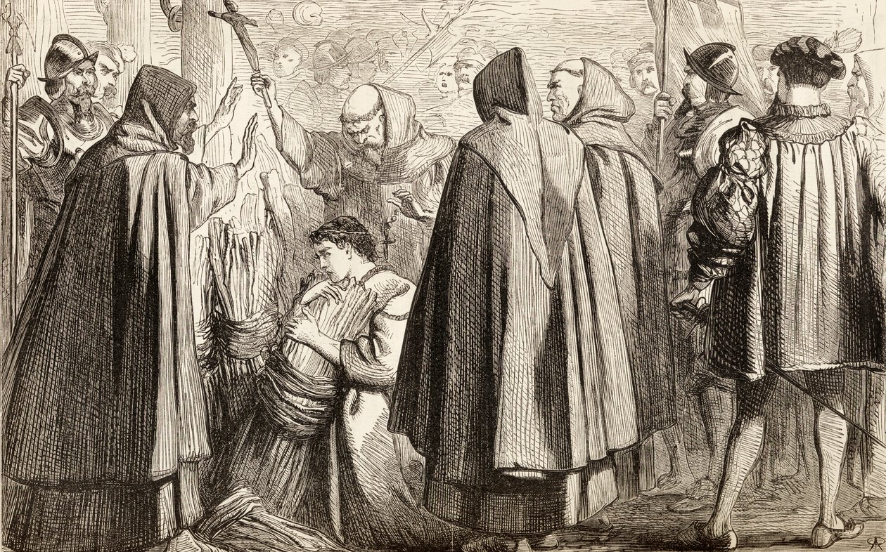 John Frith ved at blive brændt på bålet for kætteri i 1533, ca. 1865 (træstik) af English School