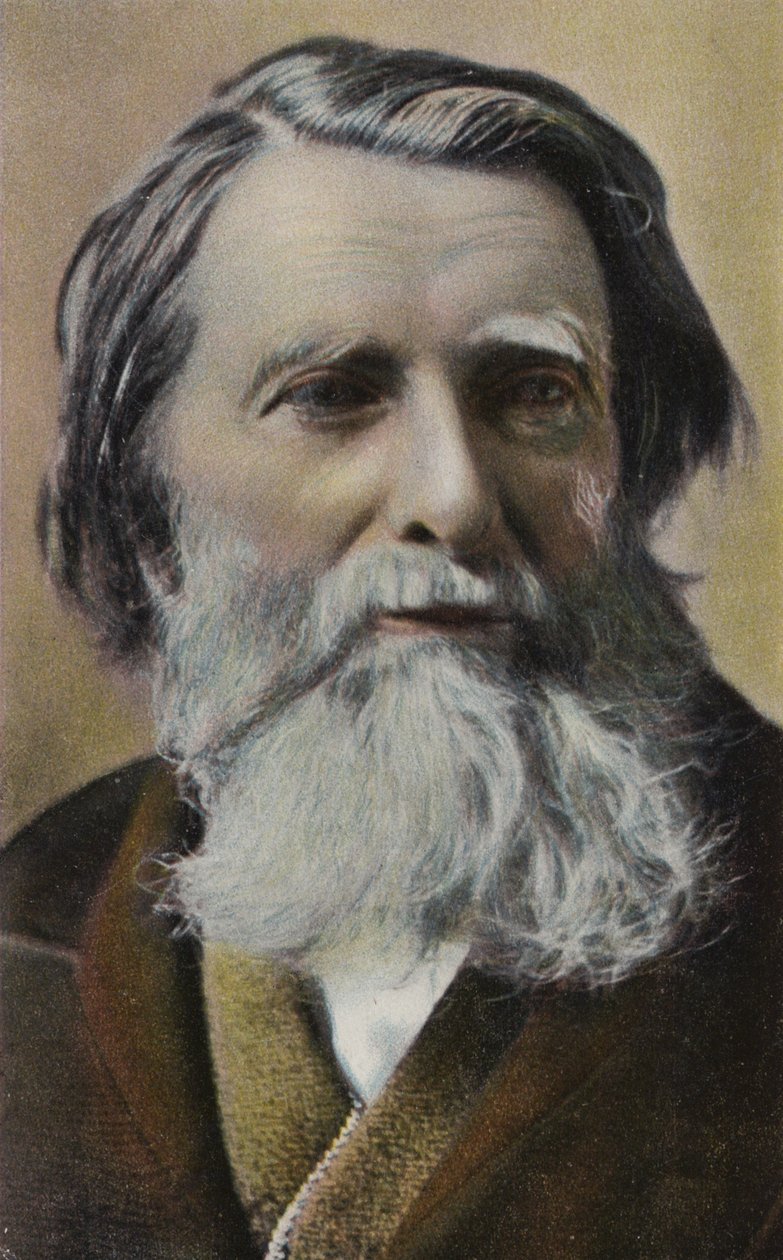 John Ruskin (1819-1900), engelsk forfatter, kunstkritiker, kunstner og samfundstænker (farvelitografi) af English School