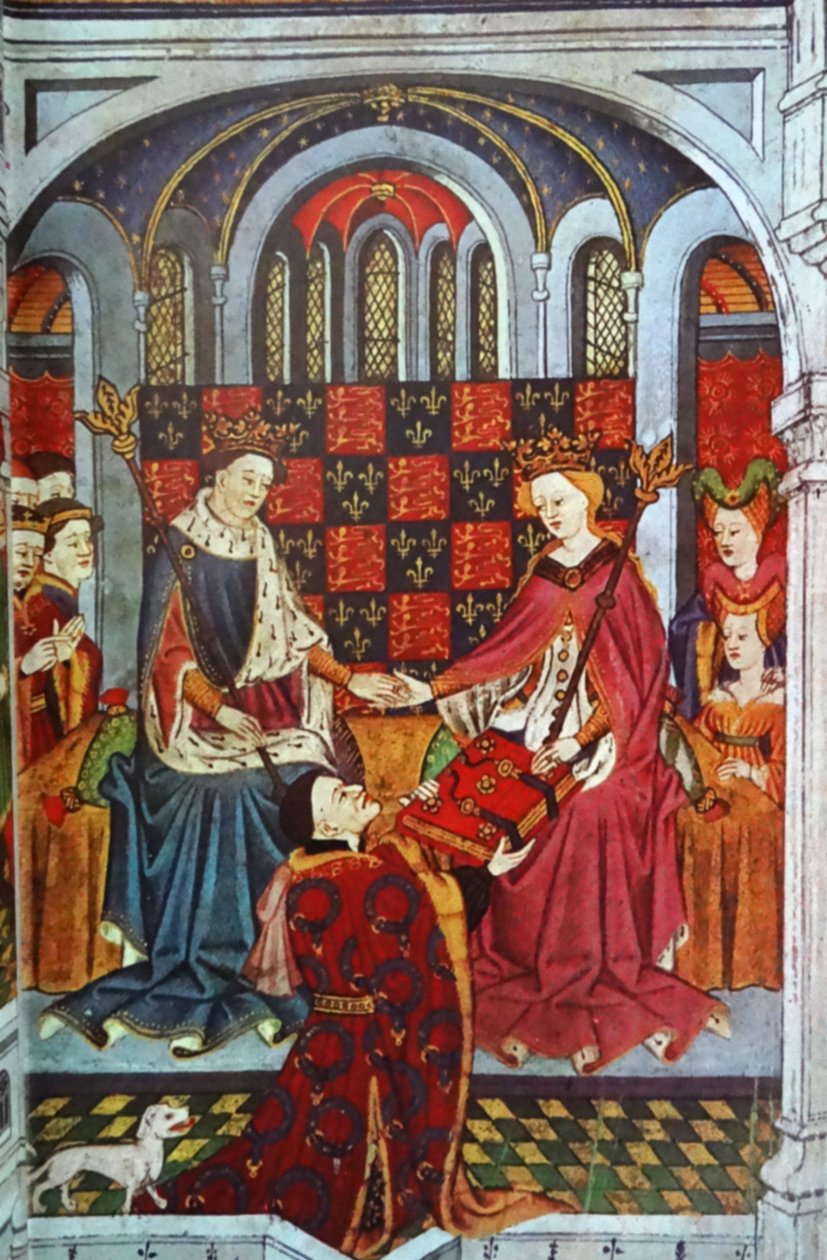 John Talbot, jarl af Shrewsbury, overrækker en bog til Henrik VI og Margaret af Anjou (pergament) af English School
