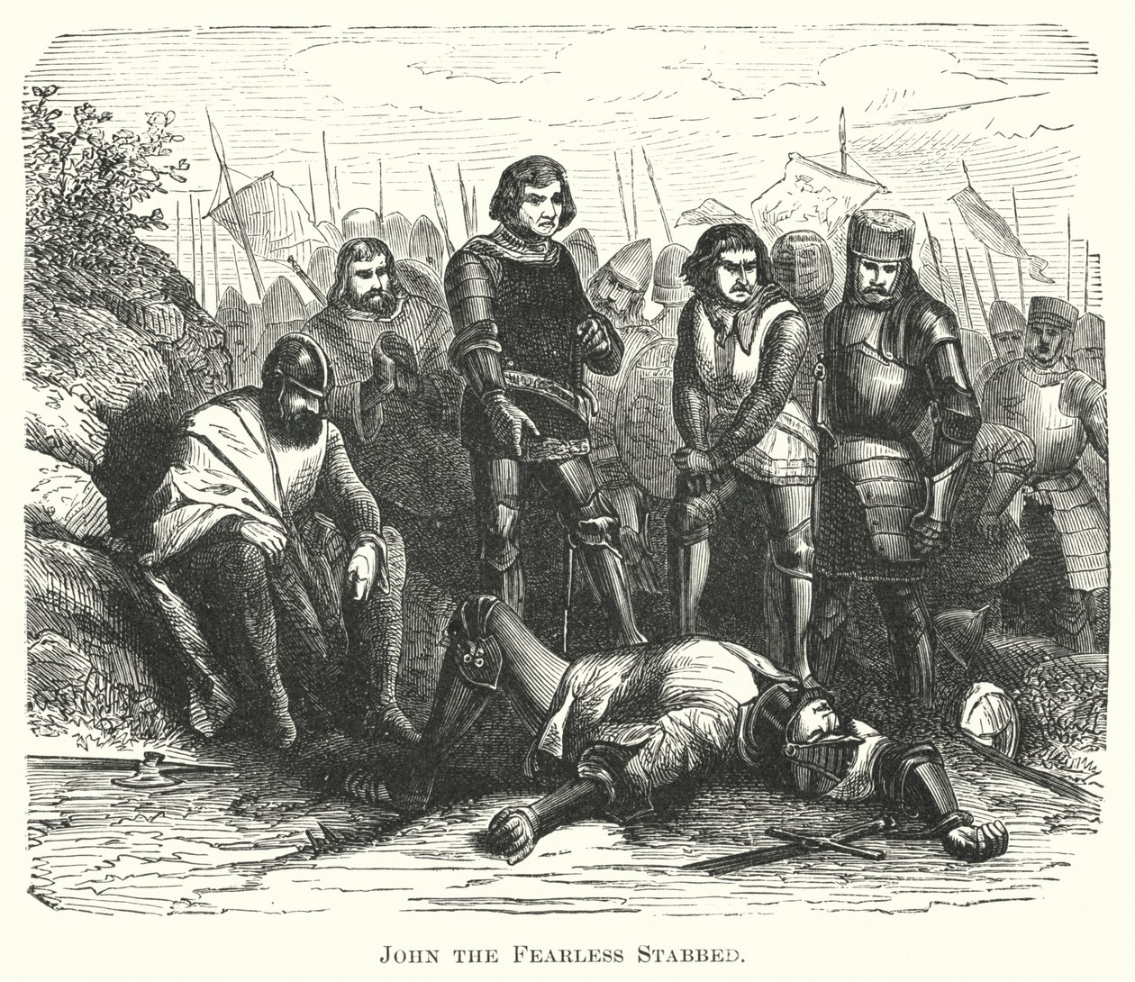 Johannes den Frygtløse stukket ned (kobberstik) af English School