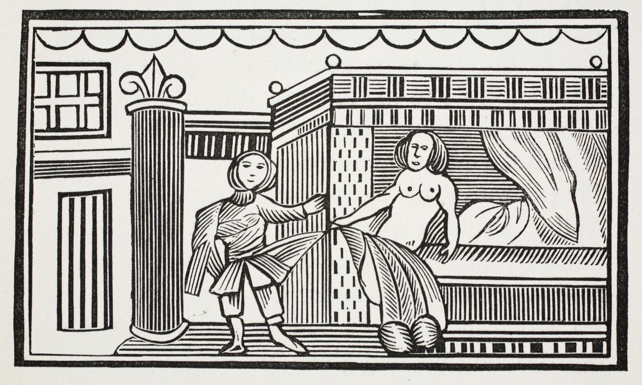 Joseph og hans elskerinde, illustration fra Chap-books of the Eighteenth Century af John Ashton, pub. 1882 af English School