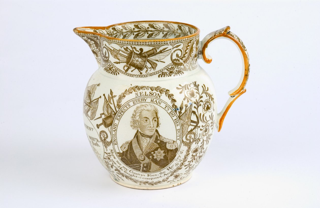 Kande med overførselsdesign til minde om Horatio Nelsons (1758-1805) kampe og æresbevisninger ca. 1805 (lertøj) af English School
