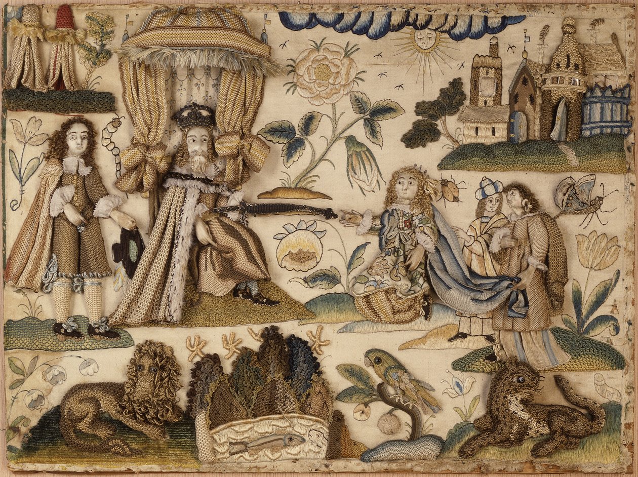 Kong Ahasverus og dronning Ester, ca. 1660 (silke, metalliske garner og isinglas) af English School