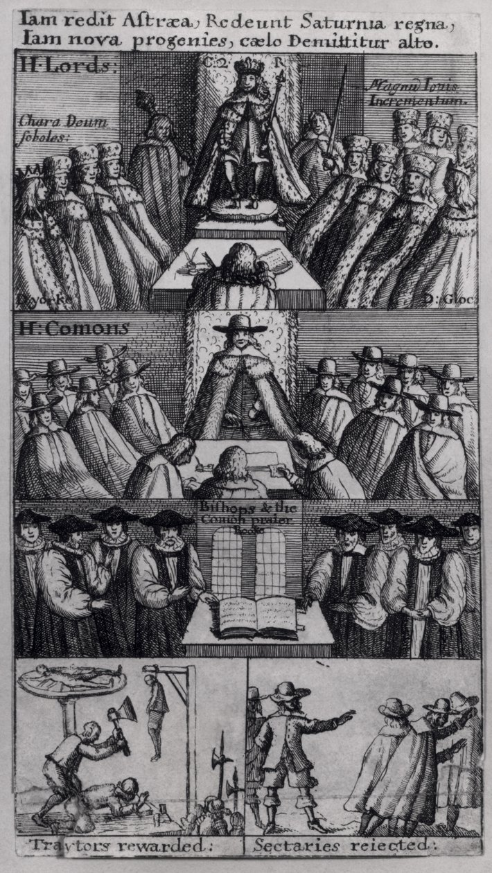 Kong Charles II (1630-85) med parlamentets huse, 1660 af English School