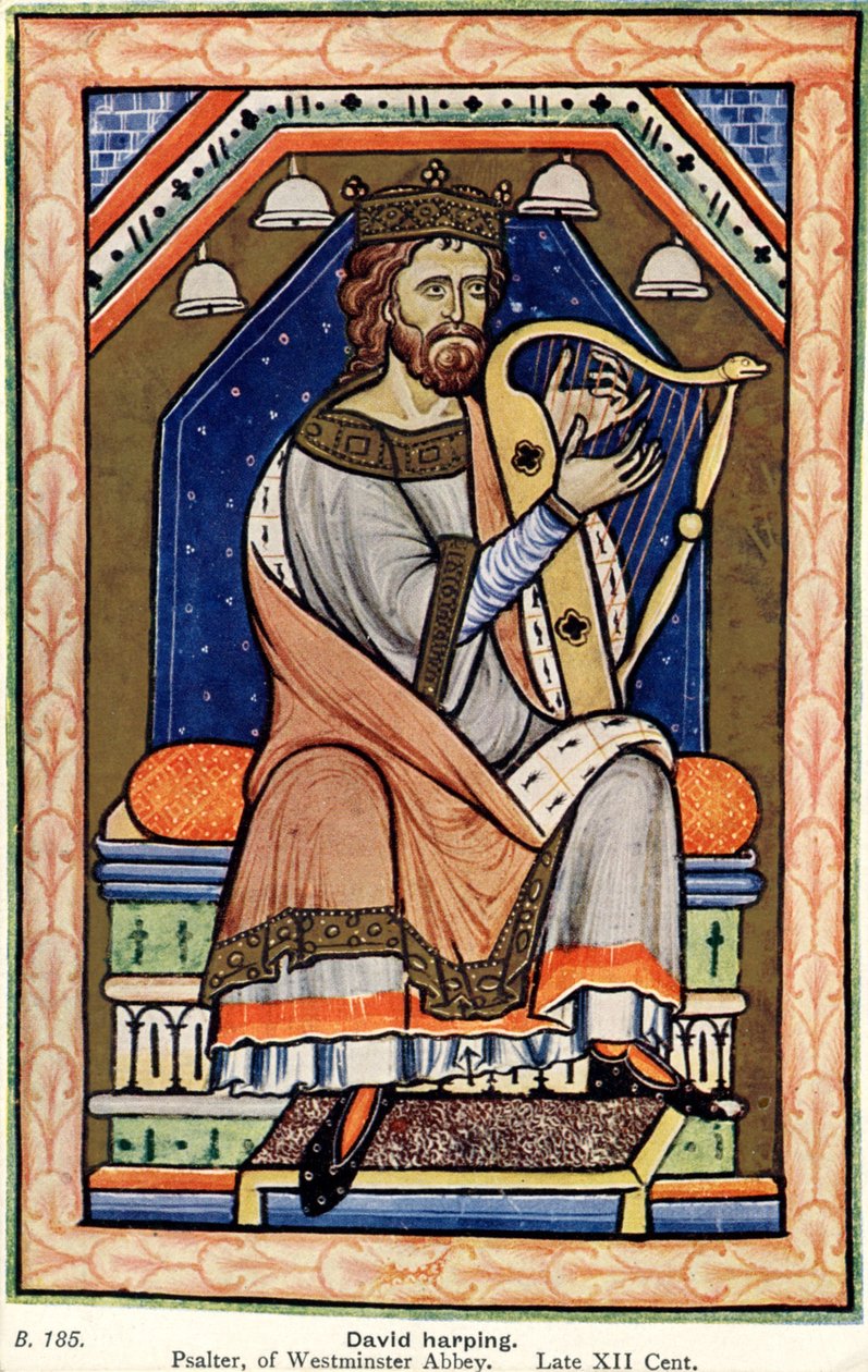 Kong David spiller på harpe, Westminster Psalter (pergament) af English School