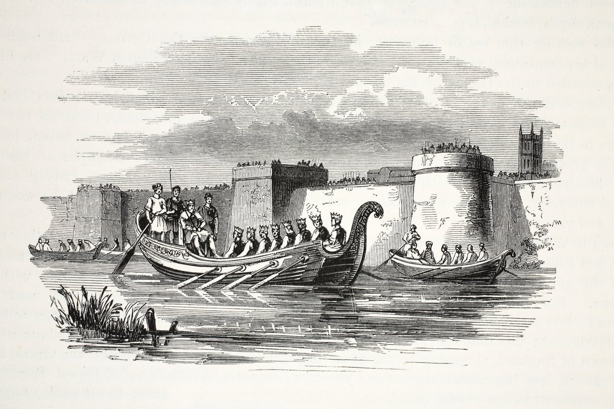Kong Edgar roede af otte konger på River Dee, pub. 1800-tallet (stålgravering) af English School
