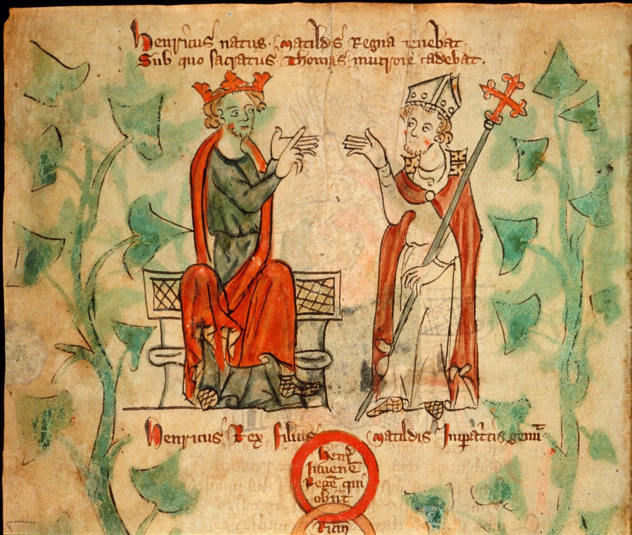 Kong Henrik II sad på tronen og skændtes med Thomas Becket, illustration fra 