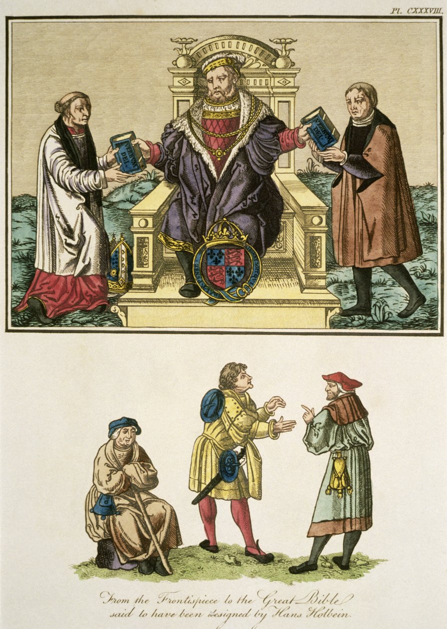 Kong Henrik VIII (1491-1547) fra frontispicen til Den Store Bibel, siges at være designet af Hans Holbein (14978-1543) illustration fra The Complete View of the Dress and Habits of the People o af English School
