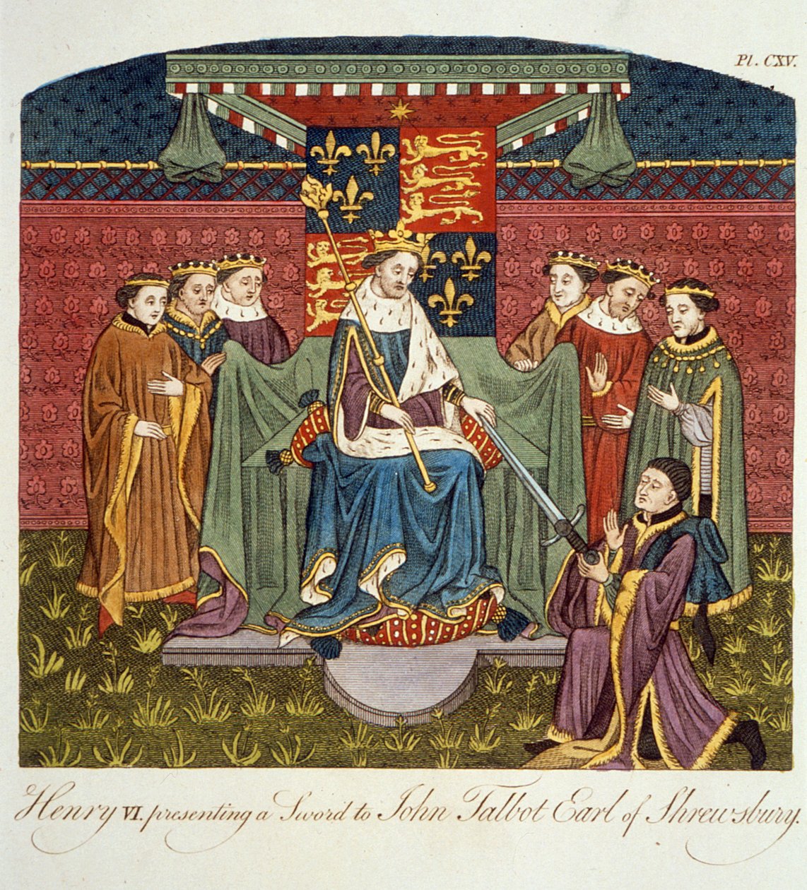 Kong Henry VI (1421-71) præsenterer et sværd til John Talbot (ca. 1388-1453) Earl of Shrewsbury, illustration fra The Complete View of the Dress and Habits of the People of England, bind II, udgivet 17. af English School