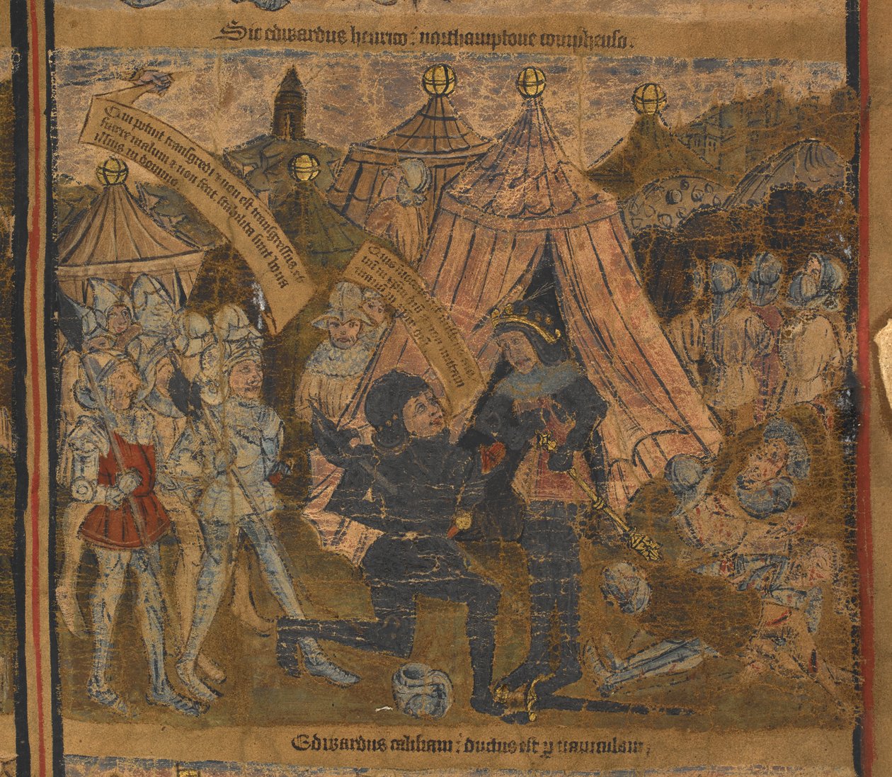 Kong Henry VI taget til fange efter slaget ved Northampton i 1460 af Edward af York (efterfølgende kong Edward IV) og jarlerne af Warwick og Salisbury, illustration fra 
