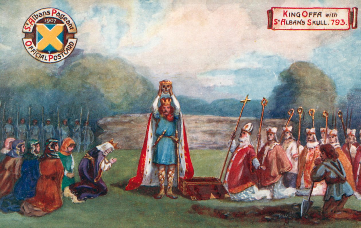 Kong Offa med St Albans kranium, 793; St Albans Pageant af English School