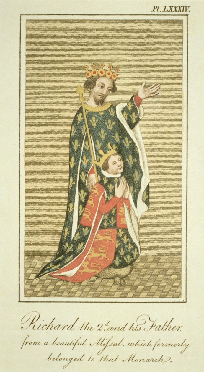 Kong Richard II (1367-1400) med sin far Edward (1330-76) den sorte prins, illustration fra The Complete View of the Dress and Habits of the People of England, bind II, udgivet 1799 (farvet af English School