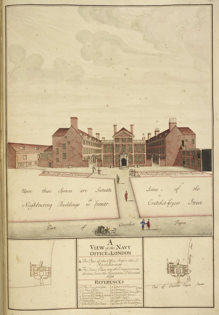 Kings 43, f.147 A View of the Navy Office, London af English School
