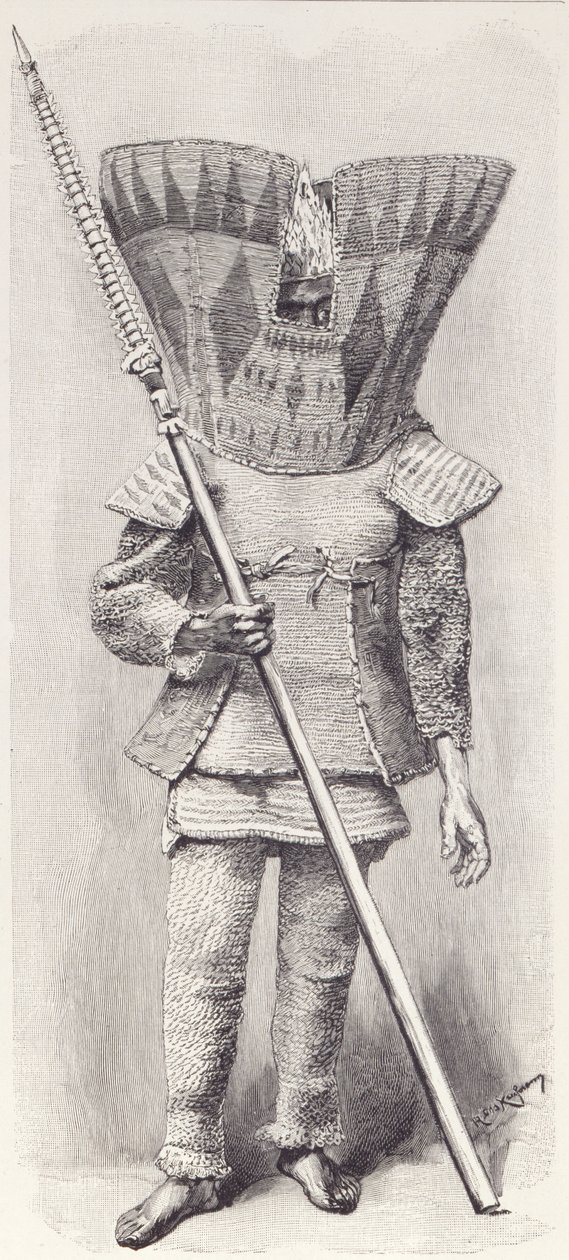 Kingsmill Islander i fuld rustning, fra The History of Mankind, Vol.1, af Prof, Friedrich Ratzel, 1896 af English School