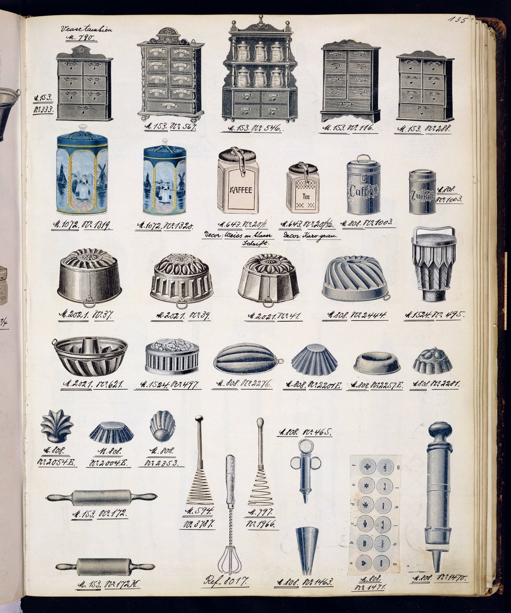 Køkkenopbevaring og redskaber fra et handelskatalog over husholdningsartikler og tilbehør, ca. 1890-1910 af English School