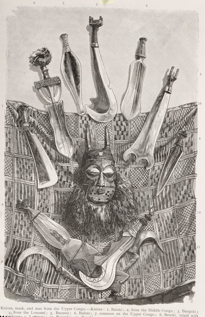 Knive, maske og måtte fra Upper Congo, fra 