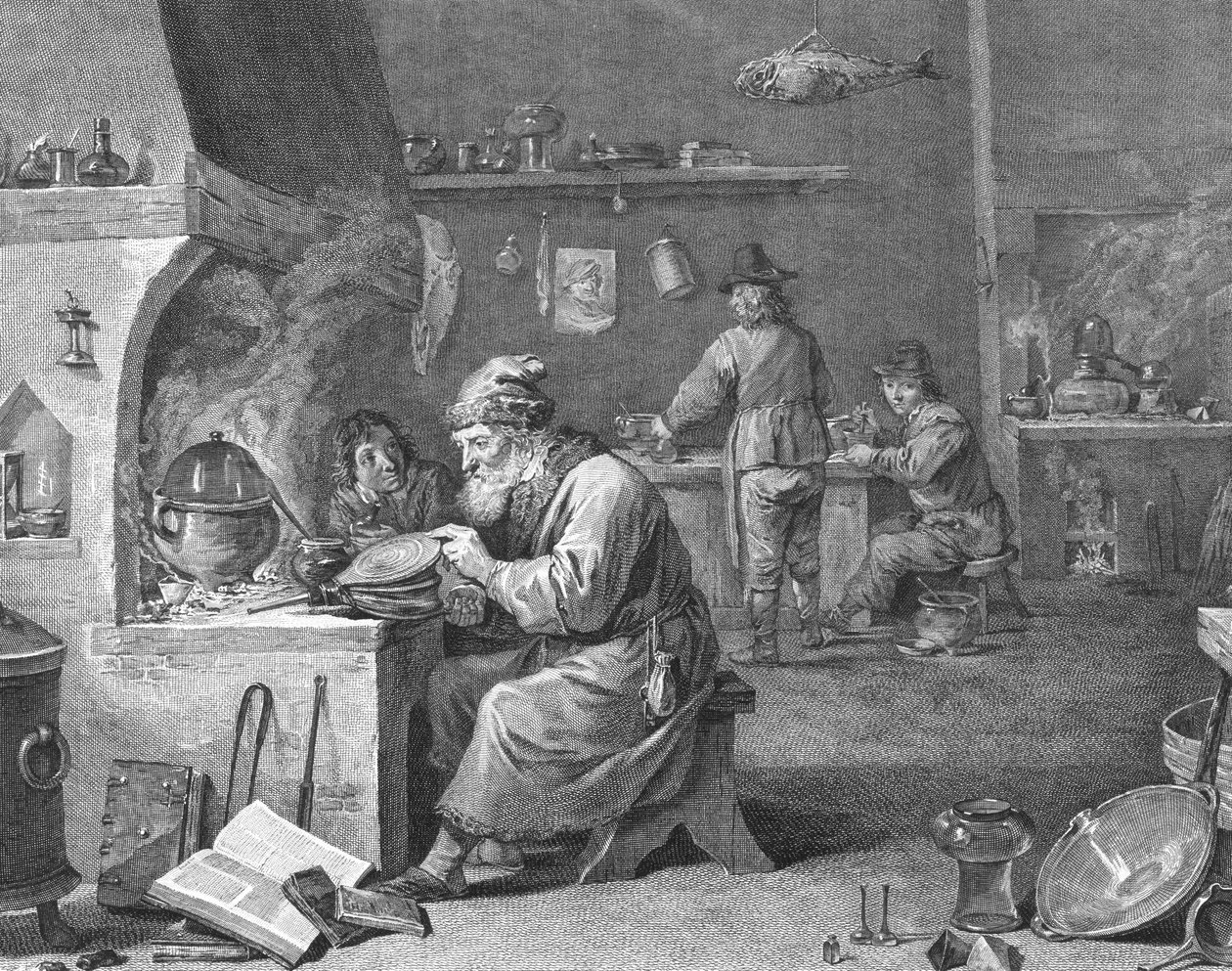 Laboratorium af en alkymist, 18. eller 19. århundrede af English School