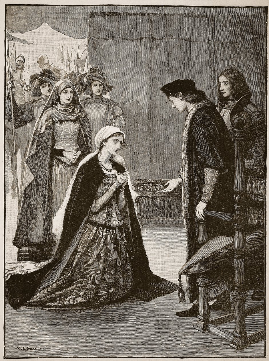 Lady Catherine Gordon før Henry VII, illustration fra Cassells Illustrated History of England (sepia foto) af English School