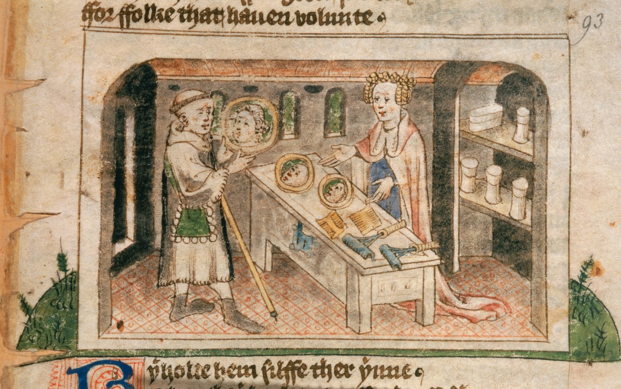 Lady Hagiography viser en pilgrim hendes udstilling af salver og toiletartikler, illustration fra den engelske oversættelse af 