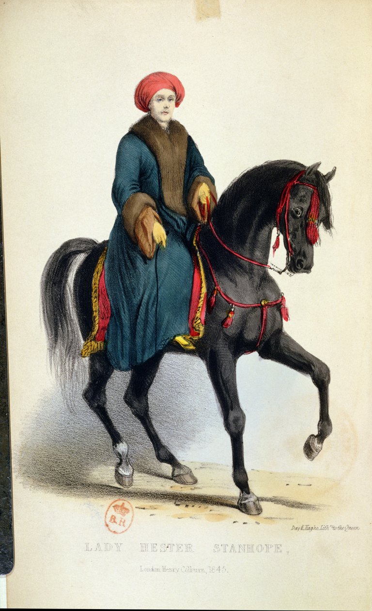 Lady Hester Lucy Stanhope (1776-1839) i arabisk kjole, illustration fra hendes Memoirs, London, 1845 (farvegravering) af English School