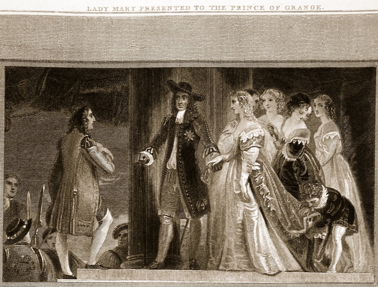 Lady Mary præsenterede for Prince of Orange, illustration fra David Humes The History of England, pub. af R. Bowyer, London, 1812 af English School