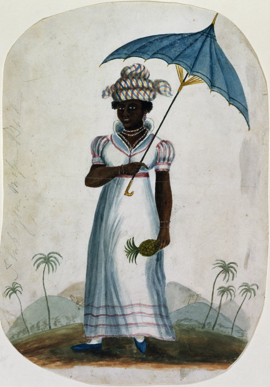 Dame med en parasol og en ananas, ca. 1840 (wc på papir) af English School