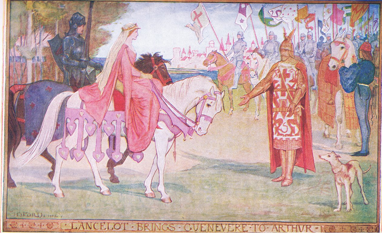 Lancelot bringer Guenevere til Arthur, illustration fra 