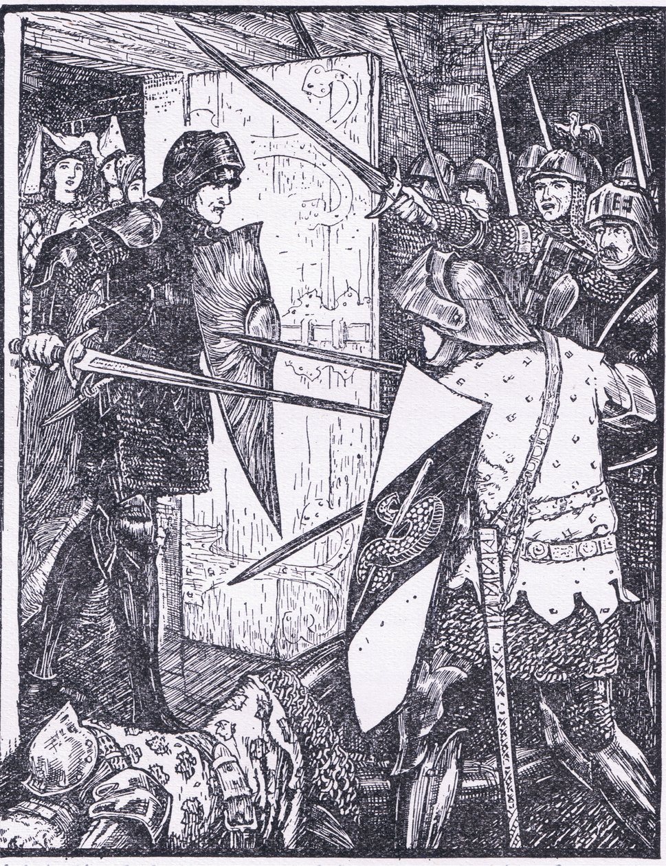 Lancelot kommer ud af Gueneveres værelse, illustration fra 