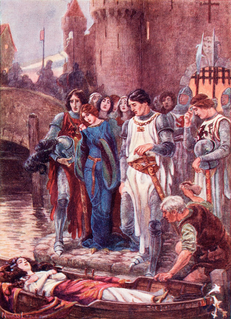 Lancelot ser på den døde Lady of Shalott, da hun ankommer til Camelot. Farvet illustration fra bogen The Gateway to Tennyson udgivet 1910. af English School