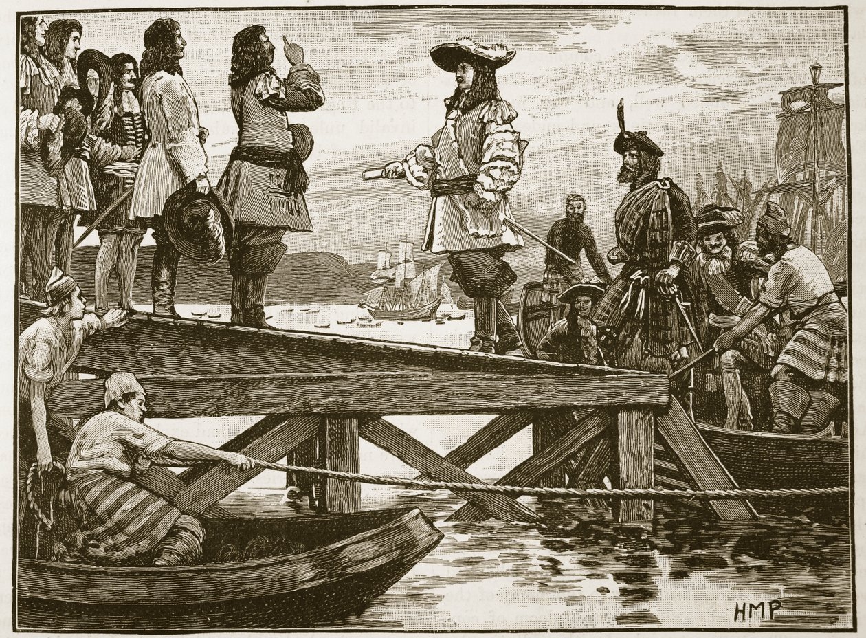 Landing af Marshall Schomberg ved Carrickfergus, illustration fra Cassells Illustrated History of England (sepia foto) af English School