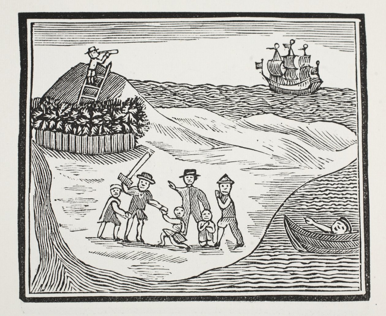 Landing of Mutinous Crew on Island, illustration fra Chap-books of the Eighteenth Century af John Ashton, pub. 1882 af English School